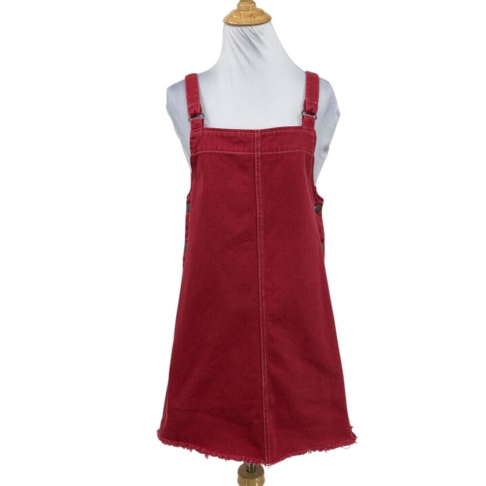 RVCA Romper Dress Womens S Small Red Denim Button Sides Back Pockets Fringe Hem